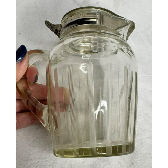 VTG Glass Syrup Pitcher With Metal Lid Etched Floral Design Marked E & JB 1916 - Picture 7 of 13